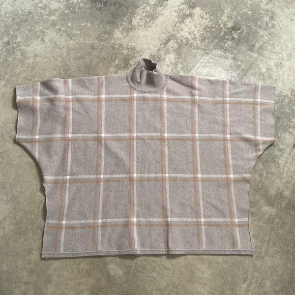 Max Studio Sweater Womens One Size Turtleneck Poncho‎ Plaid Tan Pullover - Picture 1 of 9